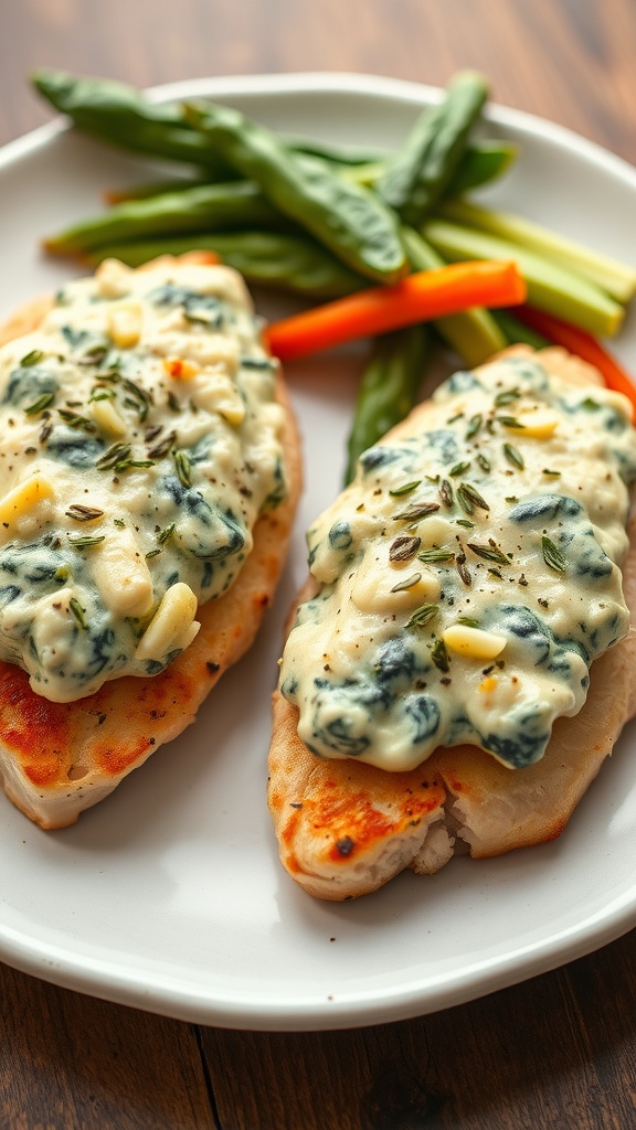 Baked chicken breasts topped with spinach and artichoke dip, garnished with herbs, served with steamed vegetables.